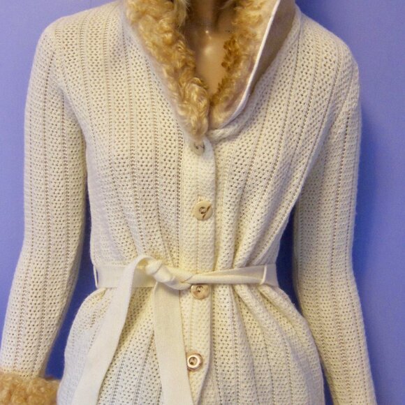 Vintage 70s ELAN FAUX FUR COLLAR CUFFS Knit WRAP SWEATER COAT - Picture 9 of 10